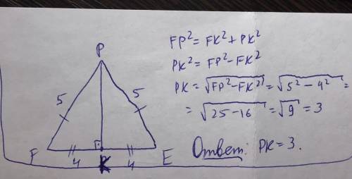 Втреугольнике fpe, pf=pe=5, ef=8 . найдите высоту,проведенную из вершины p