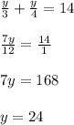 \frac{y}{3} +\frac{y}{4} =14\\ \\ \frac{7y}{12} =\frac{14}{1} \\ \\ 7y=168\\ \\ y=24