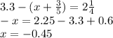 3.3 - (x + \frac{3}{5} ) = 2 \frac{1}{4} \\ - x = 2.25 - 3.3 + 0.6 \\ x = - 0.45