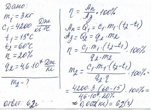 Определите массу керосина, которую потребуется сжечь для нагревании воды массой 3 кг от 15 до 60 гра