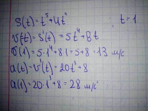 Точка движется по закону (t)=t^5+4t^2.найти скорость и ускорение в момент времени t=1(s- в метрах,t-