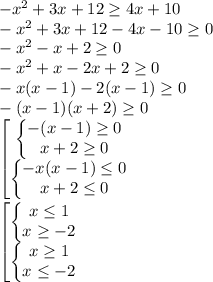 -x^{2}+3x+12\geq4x+10\\-x^{2}+3x+12-4x-10\geq0\\-x^{2}-x+2\geq0\\-x^{2}+x-2x+2\geq0\\-x(x-1)-2(x-1)\geq0\\-(x-1)(x+2)\geq0\\\begin{bmatrix}\left\{\begin{matrix}-(x-1)\geq0\\ x+2\geq0\end{matrix}\right.\\\left\{\begin{matrix}-x(x-1)\leq0\\x+2\leq0\end{matrix}\right.\end{matrix}\\\\\begin{bmatrix}\left\{\begin{matrix}x\leq1\\x\geq-2\end{matrix}\right.\\\left\{\begin{matrix}x\geq1\\ x\leq-2\end{matrix}\right.\end{matrix}