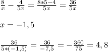 \frac{8}{x}-\frac{4}{5x}=\frac{8*5-4}{5x}=\frac{36}{5x}\\\\x=-1,5\\\\\frac{36}{5*(-1,5)}=\frac{36}{-7,5}=-\frac{360}{75}=4,8