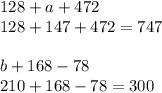 128 + a + 472 \\ 128 + 147 + 472 = 747 \\ \\ b + 168 - 78 \\ 210 + 168 - 78 = 300