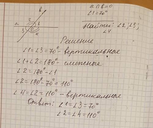 Есть вертикальные углы. угол номер 1 равен 70 градусов. найти углы под номерами 2,3 и 4