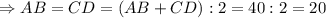 \Rightarrow AB = CD = (AB + CD) : 2 = 40 : 2 = 20