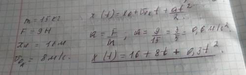 Візок масою 15 кг гальмує,рухаючись рівноприскорено під дією сили 9 н. запишіть рівняння його руху,я
