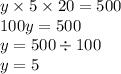 y \times 5 \times 20 = 500 \\ 100y = 500 \\ y = 500 \div 100 \\ y = 5