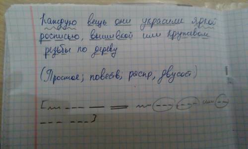 Синтаксический разбор предложения : каждую вещь они украсили яркой росписью,вышивкой или кружевом ре