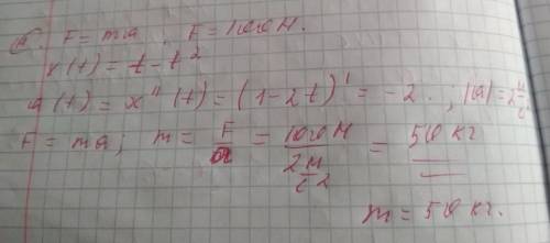 Тело движется под действием силы 100h.уравнения движения тела : x= t-t2- (квадрат). чему равна масса