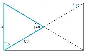 Диагонали прямоугольника пересекаются под углом 60 найдите диагонали прямоугольника если разность ди