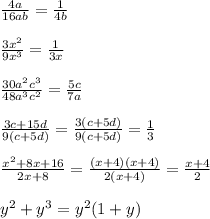 \frac{4a}{16ab} =\frac{1}{4b} \\ \\ \frac{3x^{2}} {9x^{3} }=\frac{1}{3x} \\ \\ \frac{30a^{2} c^{3}} {48a^{3} c^{2} }=\frac{5c}{7a} \\ \\ \frac{3c+15d}{9(c+5d)} =\frac{3(c+5d)}{9(c+5d)} =\frac{1}{3} \\ \\ \frac{x^{2}+8x+16} {2x+8} =\frac{(x+4)(x+4)}{2(x+4)} =\frac{x+4}{2} \\ \\ y^{2} +y^{3} =y^{2} (1+y)