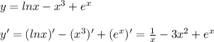 y=lnx-x^{3} +e^{x} \\\\y'=(lnx)'-(x^{3})' +(e^{x})' =\frac{1}{x}-3x^{2}+ e^{x}