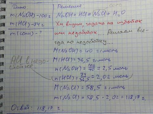 Враствор гидроксида натрия 100 г налили 74 г соляной кислоты. найдите массу образовавшейся соли.