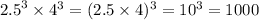 {2.5}^{3} \times {4}^{3} = (2.5 \times 4) ^{3} = 10^{3} = 1000