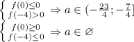 \left \{ {{f(0)}\leq 0 \atop {f(-4)} 0} \right. \Rightarrow a\in(-\frac{23}{4}; -\frac{7}{4}]\\ \left \{ {{f(0)}\geq 0 \atop {f(-4)}\leq 0} \right. \Rightarrow a\in\varnothing