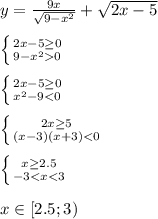 y= \frac{9x}{\sqrt{9-x^2} } +\sqrt{2x-5} \\ \\ \left \{ {{2x-5}\geq0 \atop {9-x^20}} \right. \\ \\ \left \{ {{2x-5}\geq0 \atop {x^2-9