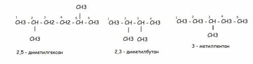 Пож. складіть напівструктурні формули 2,5-диметилгексану і двох його ізомерів. назвіть їх