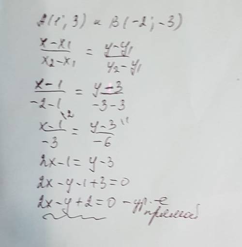 Напишите уравнение прямой проходящей через точки а (1; 3) и b (-2; -3)