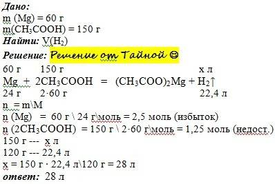 Рассчитайте объем водорода выделившегося при взаимодействии 150 г уксусной кислоты и 60 г магния