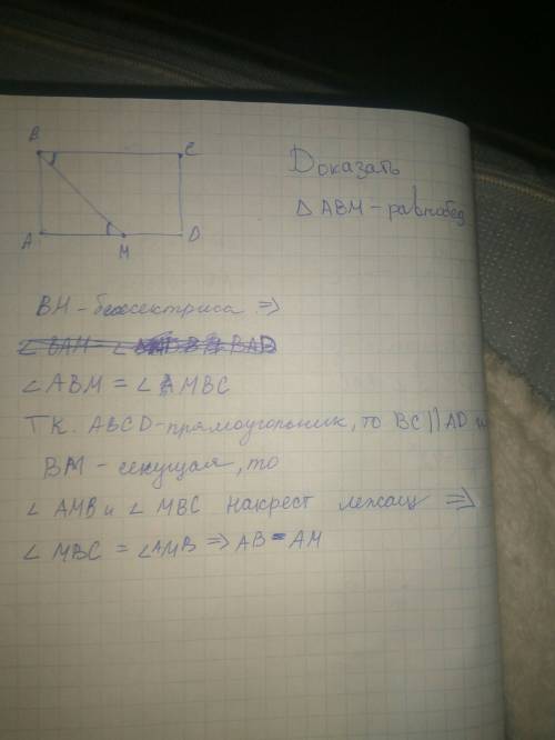 40 ! в прямоугольнике abcd проведена биссектриса угла b, которая пересекает сторону ad в точке m. до