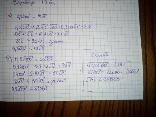 Сравните числа: а) 0,2√200 и 10√8 б) 0,8√300 и 5√200 с обьяснениями