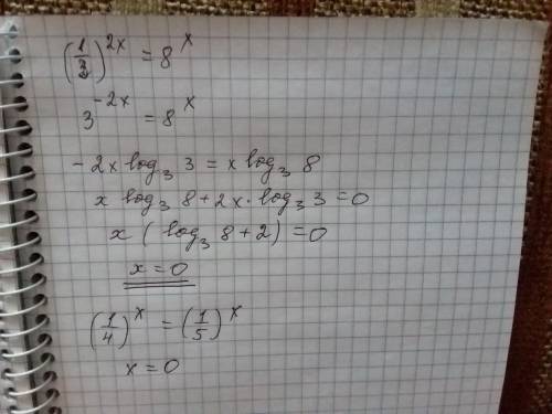 Решите уравнение,если модно подробно (1/3)^2x=8x; (1/4)^x=(1/5)^x