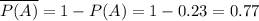 \overline{P(A)}=1-P(A)=1-0.23=0.77