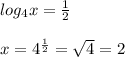 log_{4}x= \frac{1}{2} \\\\x=4 ^{\frac{1}{2}}= \sqrt{4}=2