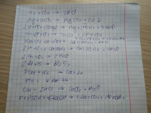 Напишите уравнения реакций: h2+cl2 = mg+cucl2 = h3po4+mgo = zn+fecl3 = cacl2+k3po4 = hno3+ca(oh)2 =