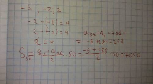 Выписаны три числа арифметической прогрессии -6 -2 2 найдите сумму первых пятидесяти ее членов