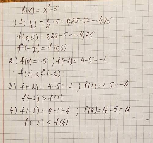 Для функции f(х)=х2-5 сравните указанные значения функции 1. f(-1/2) и f(0,5) 2. f(0) и f(-2) 3. f(-