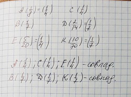 На координатном луче отмечены следующие точки a 2/8,b 1/7, c 1/4, d 2/14, e 5/20, k 10/70. найдите т