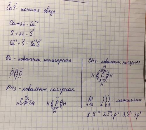 Определить тип связи и зарисовать схему ее образования в веществах: cas,o2,ph3,ch4,al