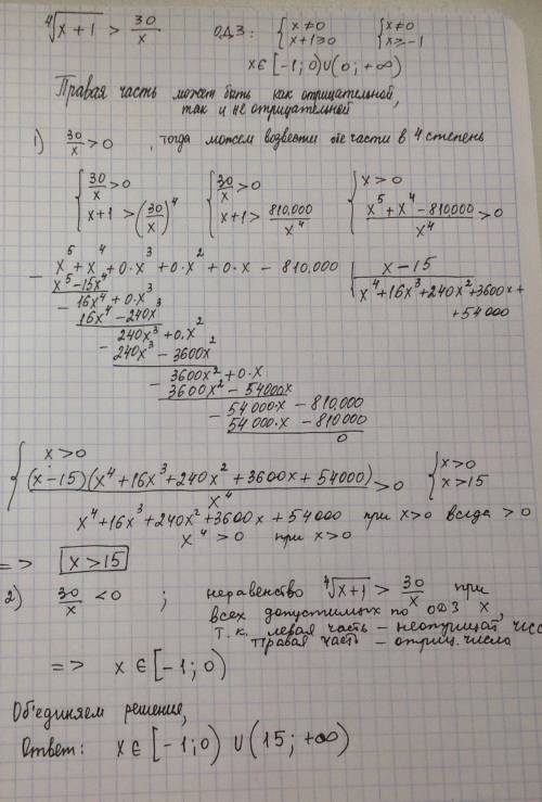 Народ, , , решить неравенство: корень 4'ой степени из (x + 1) > 30/x