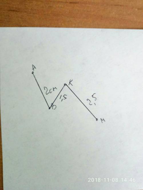 Начерти ломаную линию abkm, у которой длина отрезка ab равна 2 длина отрезка bk равна 1 см 5 мм расс