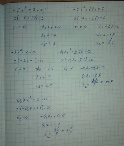 Найдите корни неполного квадратного уровнения -2x^2+7x=0 -7x^2+1,8x=0 -2x^2-x=0 -0,8x^2-9,2x=0 -0,7x