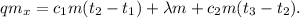 qm_x = c_{1}m(t_2 - t_1) + \lambda m + c_{2}m(t_3 - t_2).