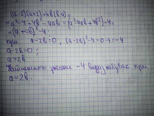 Якого найменшого значення та при яких значеннях a i b набуває вираз (a-2)(a+2)+4b(b-a) іть .