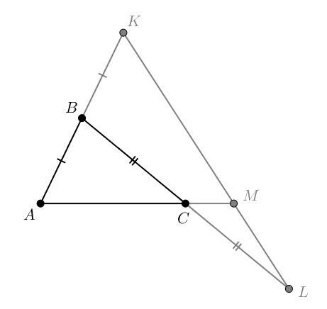 Втреугольнике abc точки k и l расположены соответственно на продолжениях сторон ab и bc так, что bk=