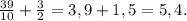 \frac{39}{10}+ \frac{3}{2}=3,9+1,5=5,4.