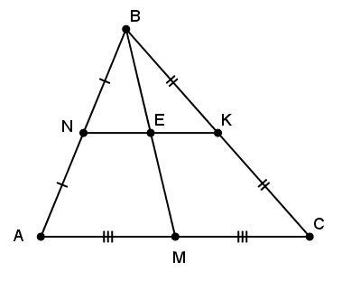 Докажмте , что в треугольнике abc медиана bm делит среднюю линию nk (n пренадлежит ab, k пренадлежит