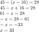 45 - (x - 16) = 28 \\ 45 - x + 16 = 28\\ 61 - x = 28 \\ - x = 28 - 61 \\ - x = - 33 \\ x = 33