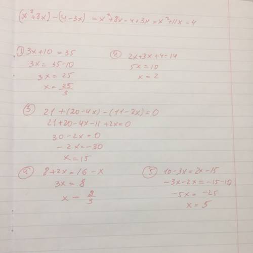 Решите линейные уравнения 3x+10=35, 2x+3x+4=14, 21+(20--2x)=0, 8+2x=16=x, 10-3x=2x-15 30