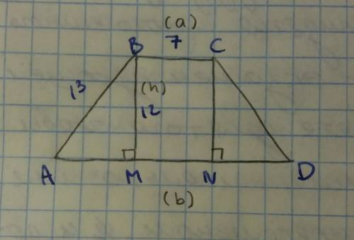 Найдите площадь равнобедренной трапеции если её меньшее основание 7 см боковая сторона 13 см высота