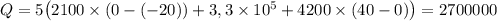 Q = 5\big(2100\times(0 - (-20)) + 3,3\times 10^5 + 4200\times(40 - 0)\big) = 2700000