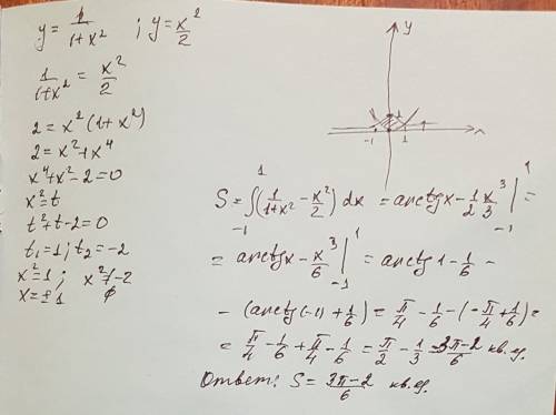 Вычислить площадь фигуры, ограниченной линиями y = 1/1+x^2 y=x^2/2