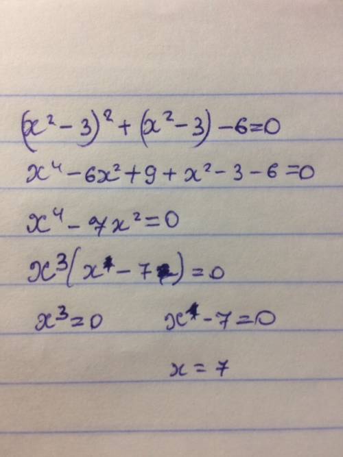 Решите уравнение (x^2-3)^2+(x^2-3)-6=0.