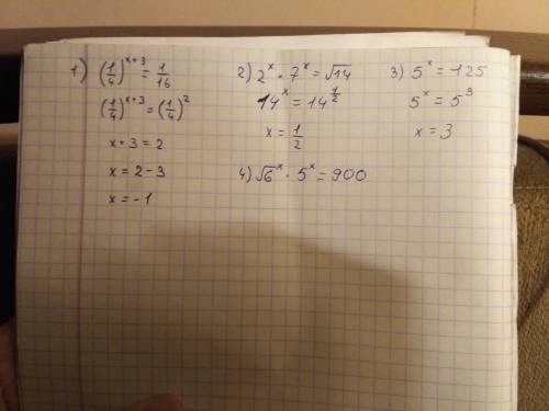 Розвяжіть рі 1)(1/4)ˣ⁺³=1/16 2)2ˣ*7ˣ=√14 3)5ˣ=125 4)√6ˣ*5ˣ=900 і неріввність 1)9ˣ⁻²+5*9ˣ=406 2)4ˣ-9*