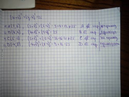 Окружность задана уравнением (x+1)^2+(y-4)^2=25 проверьте, принадлежит ли этой окружности точка: a)